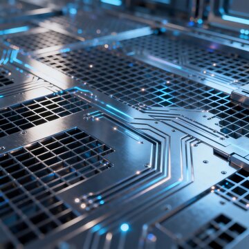 Close-up of High-Tech Electronic Circuitry and Metal Grids