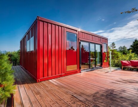 modern red shipping container house with expansive glass doors and a wooden deck showcasing contemporary architecture modular construction sustainable living and stylish compact housing