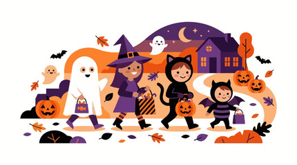 Naklejka premium Children Dressed in Cute Costumes Trick or Treating on a Magical Halloween Night