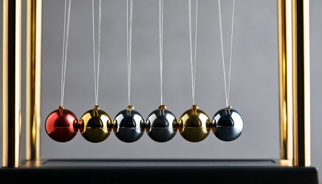 close up view of newton s cradle featuring seven colored spheres suspended on golden threads against muted gray background