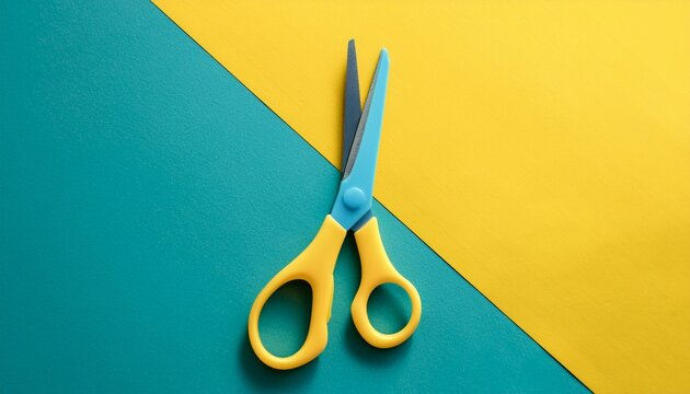 yellow and blue scissors placed over turquoise and yellow backgrounds