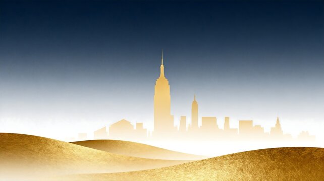 Golden City Skyline Over Dune Landscape At Dusk