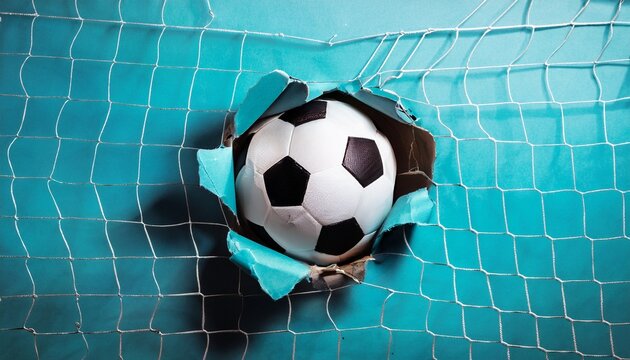 soccer ball in goal net with torn paper sports background