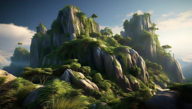 realistic 3d render of a rocky outcrop covered in lush vegetation