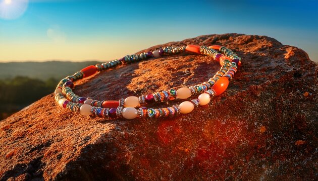 beaded necklace rests on warm rock colorful jewelry draped over rugged surface sunlight emphasizes texture and craft