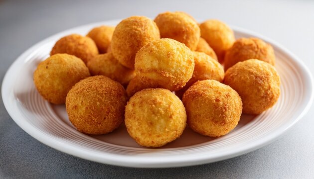 golden crispy fried savory cheese balls arranged on a white plate