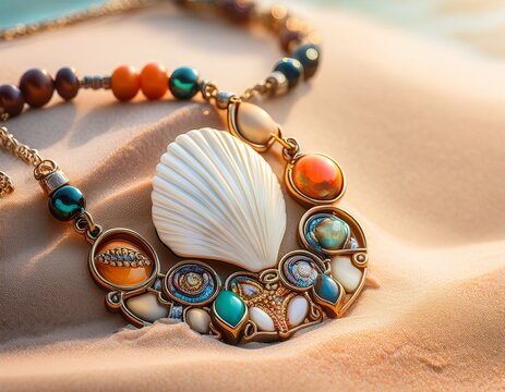 jewelry necklace on warm sand with colorful beads and shell pendant highlighting handmade craft and beachside design stock