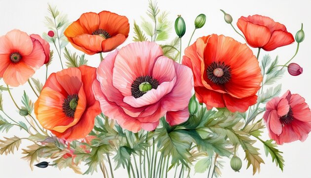 multiple watercolor poppy bouquets presenting a mix of red pink and orange flowers with green stems and leaves perfect for spring botanical or artistic designs