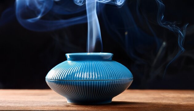 blue ceramic aromatherapy burner with smoke