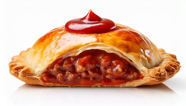 a meat pie with ketchup on top front view isolated cutout on white background background