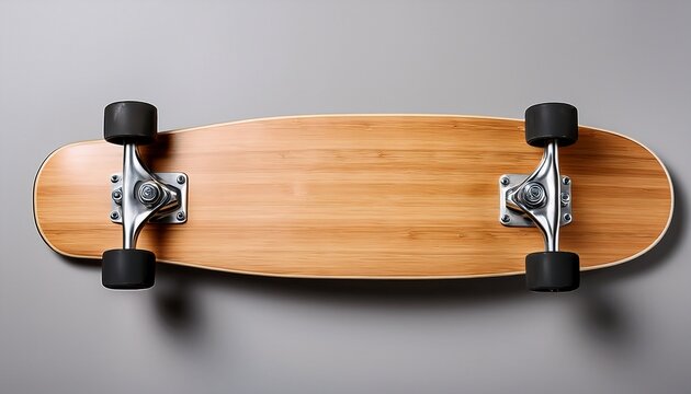 a close up overhead view of a blank natural wood skateboard with silver trucks and black wheels against a plain gray background