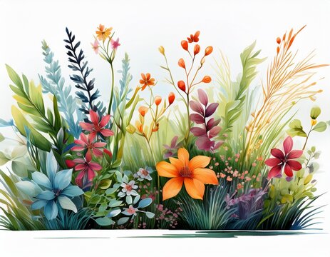 grasses bushes and small plants with colorful flowers cut out
