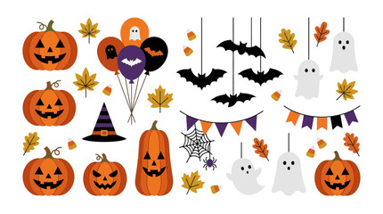 Fototapeta premium Decorative Halloween Collection Featuring Jack O Lanterns Ghosts And Bats Elements