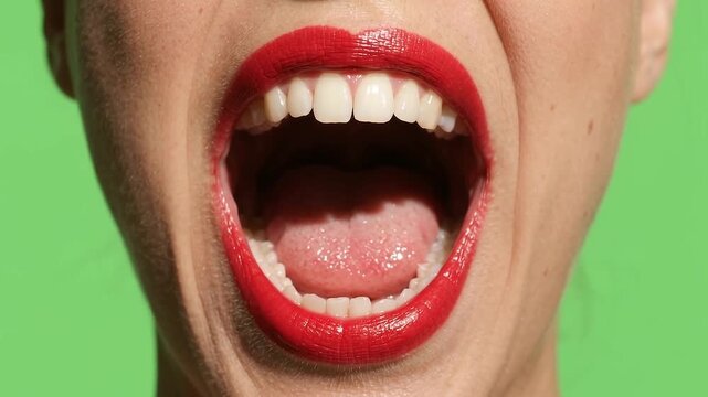 Female Red Lips Opening Wide Into A Scream.