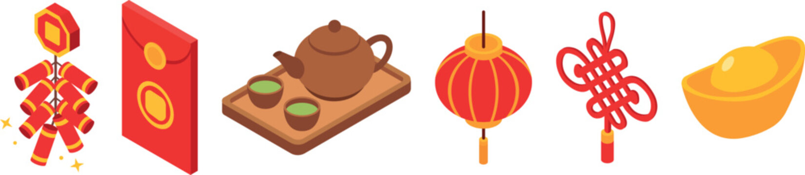 Isometric Lunar New Year icon collection featuring traditional Chinese festive elements including firecrackers, red envelope, tea set, lantern, Chinese knot and gold yuanbao ingot, isolated for holida
