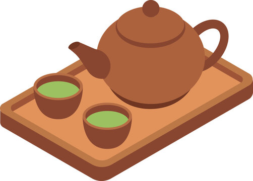 Isometric illustration of a traditional Chinese tea set with teapot and teacups on a serving tray, representing hospitality, tradition and festive culture during Lunar New Year celebrations