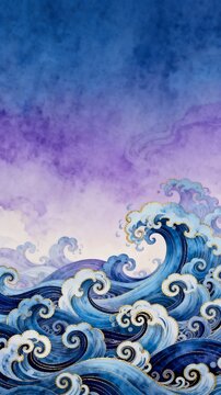 Stylized Traditional Ocean Waves With Gradient Sky Background