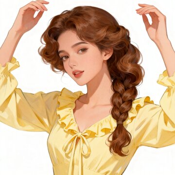 Young woman with braided hair wearing yellow ruffled blouse