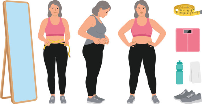 Overweight Senior Woman Weight Loss and Fitness Vector Icon Set with Mirror Tape Measure Scale Water Bottle Towel and Sneakers for Body Transformation Concept