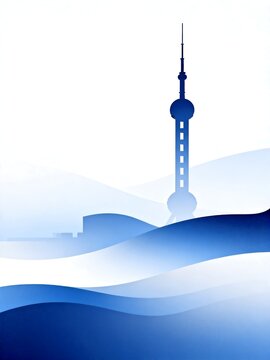 Stylized Illustration of Tower with Curved Blue Forms