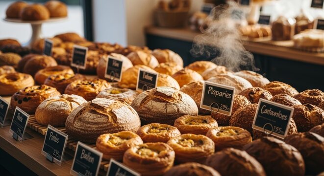 A variety of freshly baked bread rolls and pastries displayed on a wooden counter. Labels indicate different types of bread. Warm lighting enhances the inviting atmosphere.