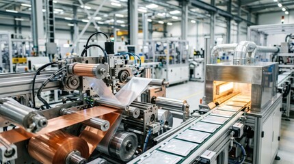 Fototapeta premium Automated battery cell line with electrode rolls, separator film, drying ovens and sealed modules