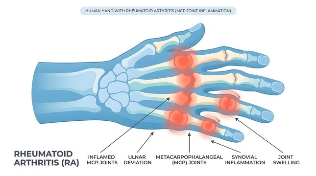 Medical diagram showing rheumatoid arthritis in human hand with inflamed MCP joints and swelling.
