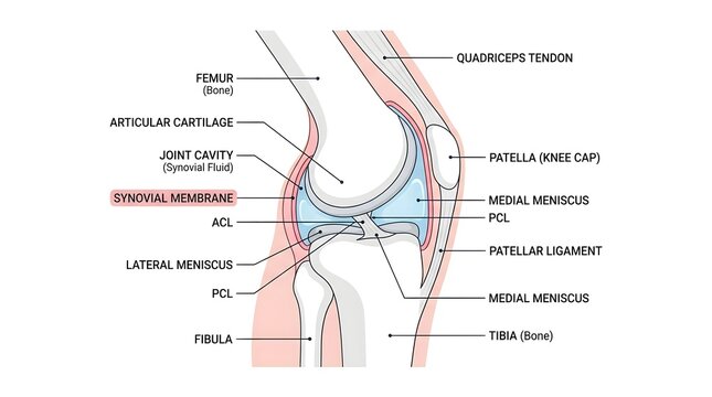 Detailed medical diagram of human knee joint anatomy highlighting the synovial membrane.