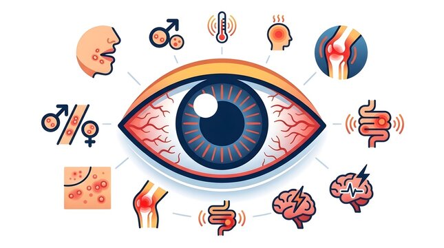 Medical illustration of red eye inflammation and related systemic disease symptoms vector design.