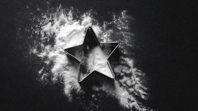star shaped cookie cutters on dark surface, contrast composition, dramatic baking still life