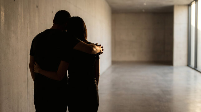 World mental health day support with silhouetted couple embracing