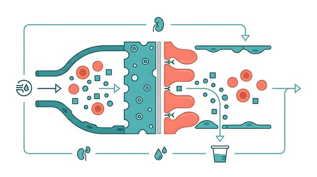 Medical vector illustration showing the process of kidney filtration and urine production in a human nephron system.