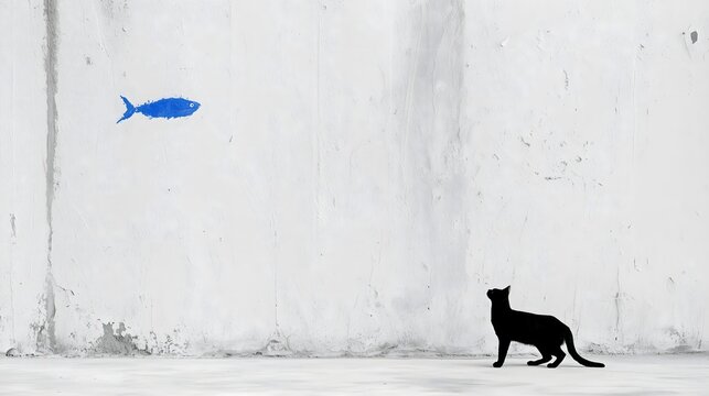 Black cat looking up at a blue fish painting on a textured white wall, stylish and unique