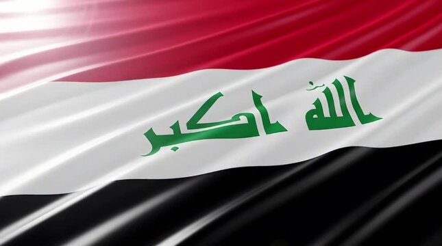Close-up view of the national flag of Iraq, featuring its red, white, and black horizontal stripes with green Arabic script 'Allahu Akbar' in the center, gently waving.