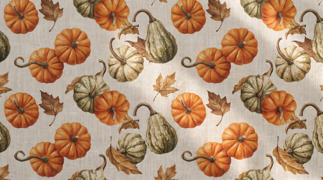 Seamless autumn pumpkin pattern on linen fabric texture