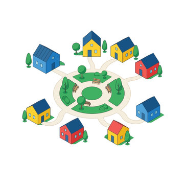 Isometric Circular Neighborhood with Houses and Central Park