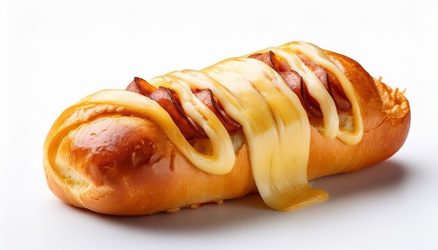 sausage wrapped bread with stretchy cheese on a white background
