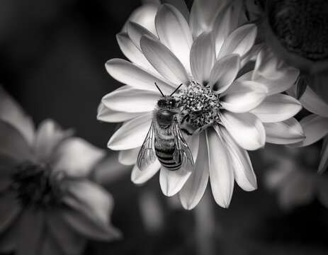 elegant black and white macro study of a bee resting on a blooming flower highlighting the intricate textures of the wings and the delicate structure of the petals in a timeless style