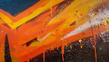 Naklejka premium a close up view of a wall reveals graffiti in vibrant orange and yellow colors showcasing texture detail and paint splatter in a street art style