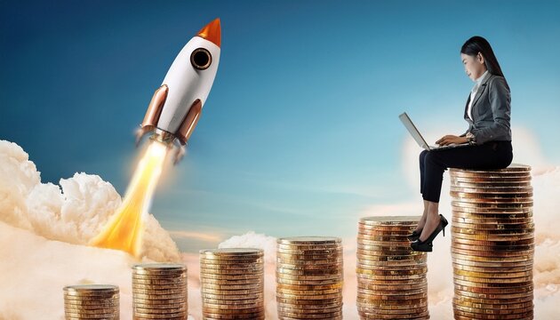 ambitious entrepreneur works on a laptop atop stacks of coins as a rocket launches into the sky