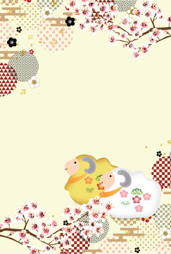 梅の花と和柄が描かれた華やかな和風グリーティングカード