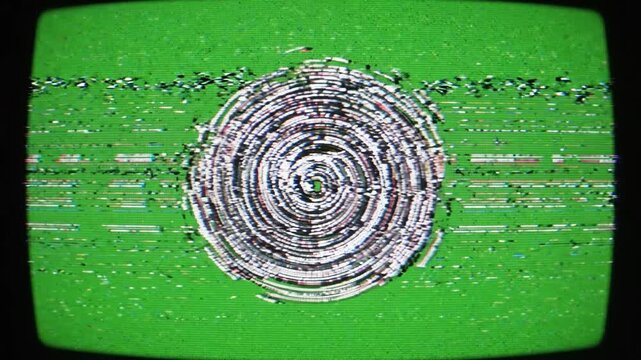 Retro television screen display static noise distorted signal dizzy swirl green monitor glitch broadcast vintage tube electronics wave pattern