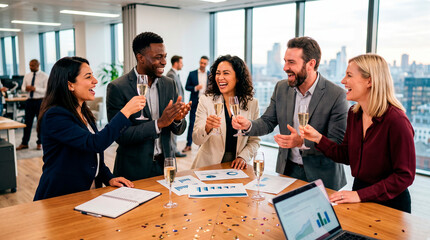 Fototapeta na wymiar Business team celebrating success with champagne in modern office