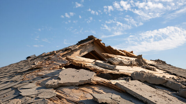 Close View of Storm Damaged Shingles and Collapsed Roof Section