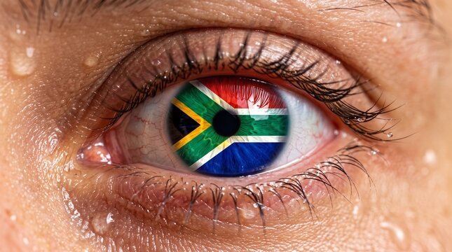 A close-up of a human eye with the South African flag reflected in the iris, surrounded by tears.