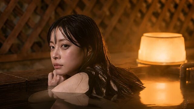 Woman Relaxing in Japanese Outdoor Hot Spring and Looking Back