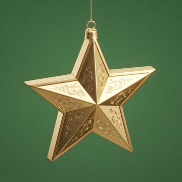 Hanging golden star decoration on green background for holiday celebration, front view.