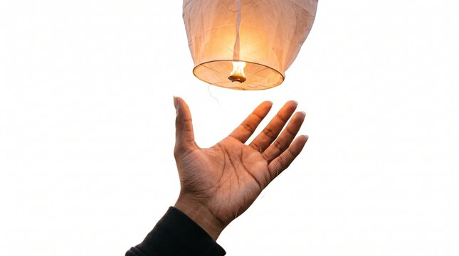 Hand releasing a lit flying paper lantern against a white background