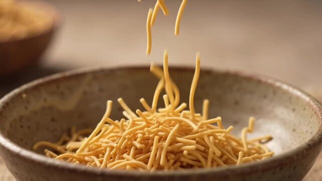 Crispy Sev Noodles Falling into Bowl Indian Snack Food Close-Up
