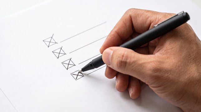 Hand marking a checklist with a pen on white paper